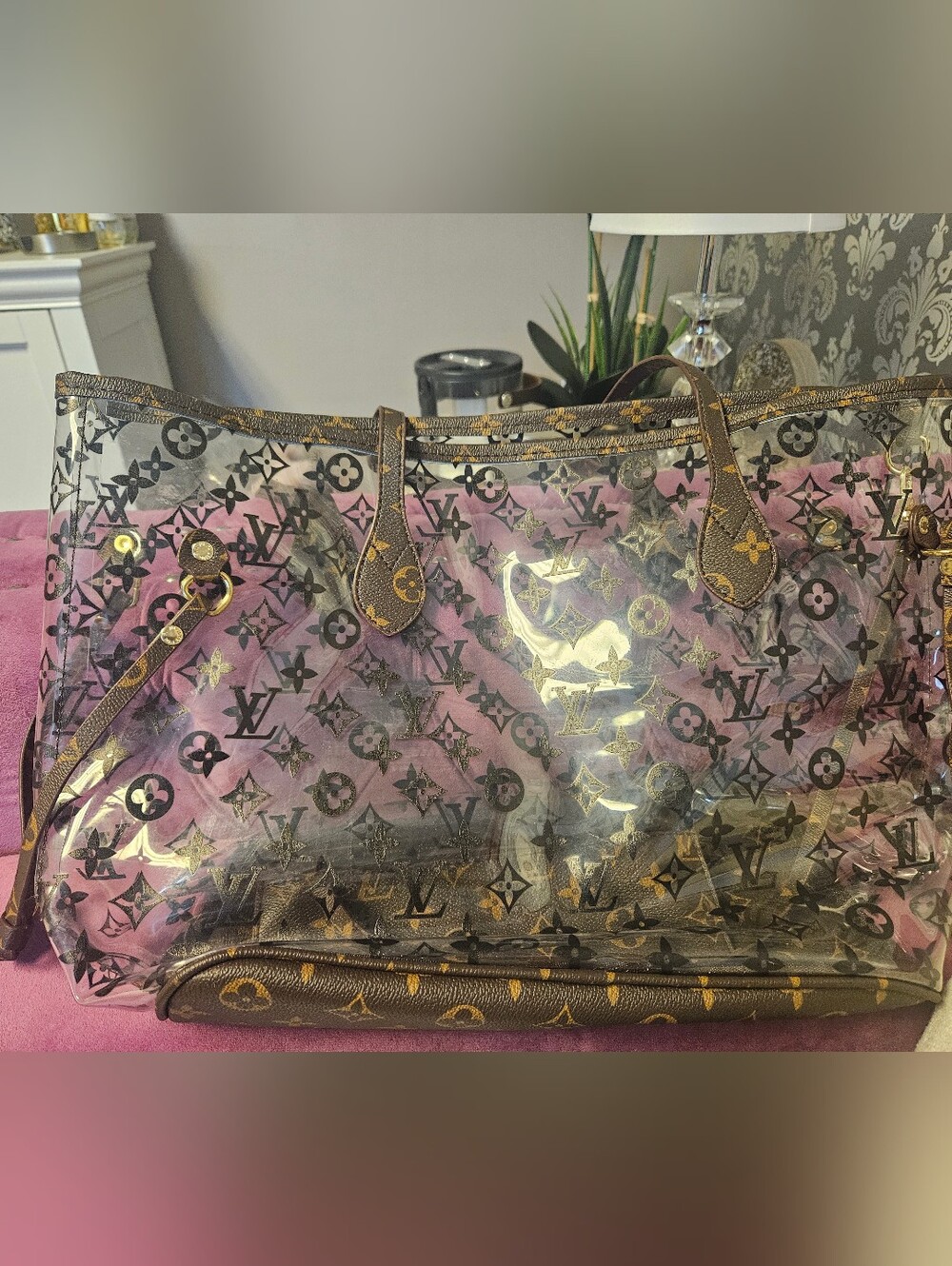 Clear Monogram Tote with Brown Trim